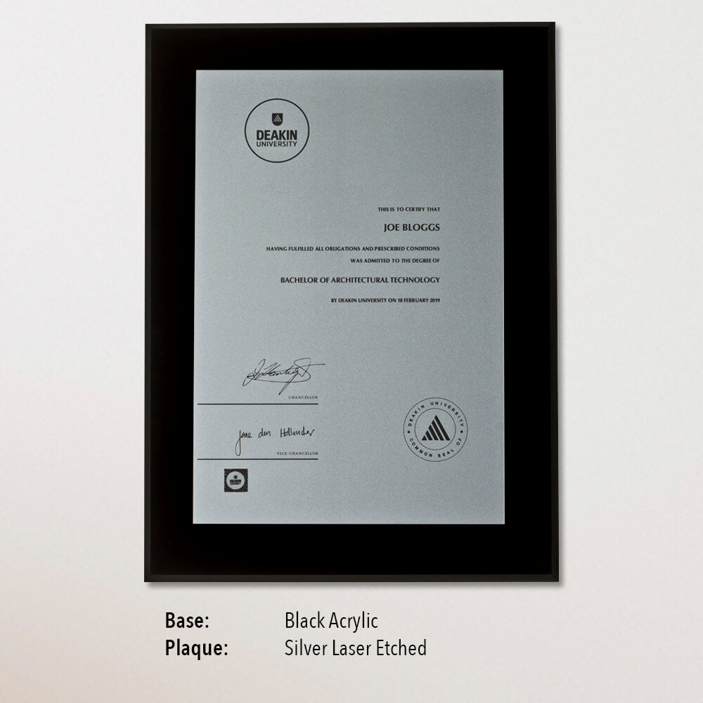 University Certificate Plaque - Black Acrylic, Silver Laser