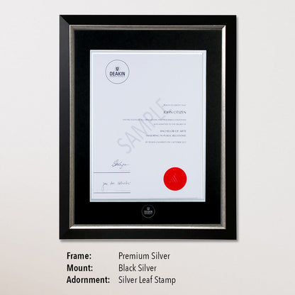 Single Certificate Frame - Premium Silver, Black with Stamp