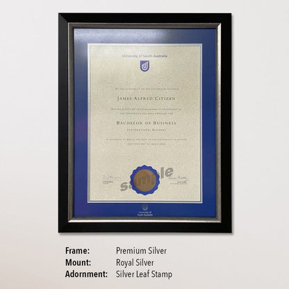 Single Certificate Frame - Premium Silver, Royal with Stamp