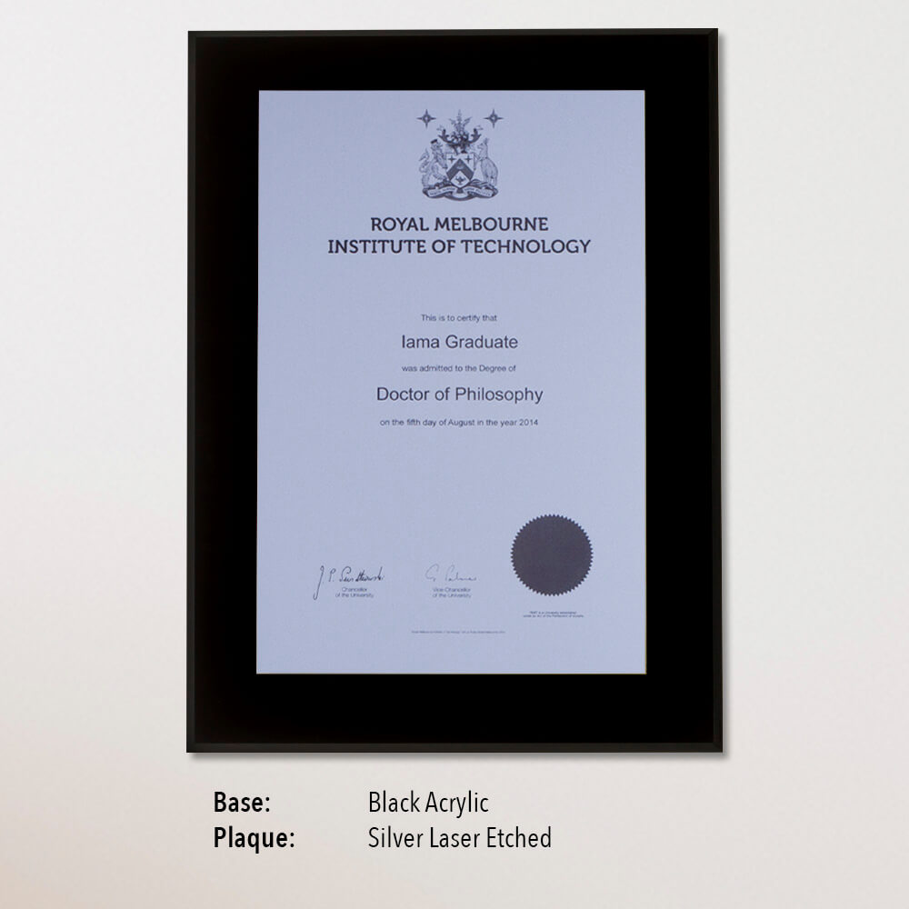 University Certificate Plaque - Black Acrylic, Silver Laser